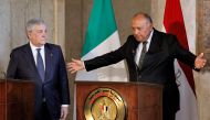 Italy's Foreign Minister Antonio Tajani (left) and his Egyptian counterpart Sameh Shoukry give a joint press conference in Egypt's capital Cairo on January 22, 2023. (Photo by Khaled Desouki / AFP)