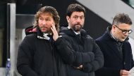 In this file photo taken on January 07, 2023 Juventus' outgoing President Andrea Agnelli (centre) and Juventus' outgoing vice-president Pavel Nedved (left) attend the Italian Serie A match between Juventus and Udinese on January 7, 2023 at the Juventus stadium in Turin. (Photo by Isabella BONOTTO / AFP)