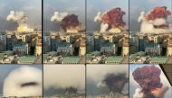 This file combination of pictures shows UGC footage filmed from an office building at the moment a massive explosion rocked Beirut the previous day shows a fireball exploding while smoke is billowing at the port of the Lebanese capital on August 4, 2020. (Photo by GABY SALEM/ESN / AFP)