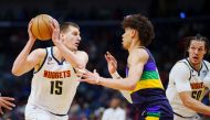 Jan 24, 2023; New Orleans, Louisiana, USA; Denver Nuggets center Nikola Jokic (15) fights for position against New Orleans Pelicans center Jaxson Hayes (10) during the first quarter at Smoothie King Center. Mandatory Credit: Andrew Wevers-USA TODAY Sports