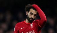 Football - Premier League - Chelsea v Liverpool - Stamford Bridge, London, Britain - January 2, 2022 Liverpool's Mohamed Salah reacts Action Images via Reuters/Peter Cziborra
