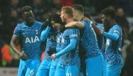 Tottenham Hotspur's striker Son Heung-Min (third left) celebrates with teammates after scoring the opening goal of the English FA Cup fourth round match between Preston North End and Tottenham Hotspur at Deepdale stadium in Preston, north-west England, on January 28, 2023. (Photo by Lindsey Parnaby / AFP)