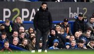Arsenal's Spanish manager Mikel Arteta observes the English Premier League football match between Everton and Arsenal at Goodison Park in Liverpool, north-west England, on February 4, 2023. (Photo by Paul ELLIS / AFP)