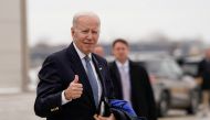 US President Joe Biden gestures to reporters before boarding Air Force One en route to Camp David at Hancock Field Air National Guard Base in Syracuse, New York, US, February 4, 2023. REUTERS/Elizabeth Frantz