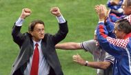 In this file photo taken on July 11, 1998 Croatian national team coach Miroslav Blazevic jubilates after winning the1998 Soccer World Cup third place match against the Netherlands, at the Parc des Princes stadium in Paris. Photo by PASCAL GEORGE / AFP