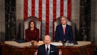 US Vice President Kamala Harris and US Speaker of the House Kevin McCarthy (R-CA) listen as US President Joe Biden delivers the State of the Union address, on February 7, 2023. (Photo by Andrew Caballero-Reynolds / AFP)