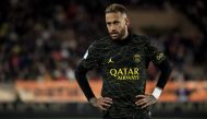 Paris Saint-Germain's Brazilian forward Neymar reacts during the French L1 football match between Monaco and Paris Saint-Germain (PSG) at the Louis II stadium in Monaco on February 11, 2023. (Photo by Valery Hache / AFP)