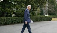 US President Joe Biden walks to Marine One on the South Lawn of the White House in Washington, DC on February 16, 2023. - President Biden will undergo a physical examination at Walter Reed National Military Medical Center this morning. (Photo by Mandel NGAN / AFP)