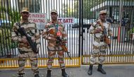 Indo-Tibetan Border Police stand guard outside the office building where Indian tax authorities raided BBC's office in New Delhi on February 15, 2023, following a protest against the BBC by Hindu Sena activists, an Indian right-wing organization. (Photo by Sajjad Hussain / AFP)