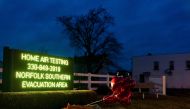 EAST PALESTINE, OH - FEBRUARY 16: Balloons are placed next to a sign displaying information for residents to receive air-quality tests from Norfolk Southern Railway on February 16, 2023 in East Palestine, Ohio. On February 3rd, a Norfolk Southern Railways train carrying toxic chemicals derailed causing an environmental disaster. Michael Swensen/Getty Images/AFP (Photo by Michael Swensen / GETTY IMAGES NORTH AMERICA / Getty Images via AFP)
