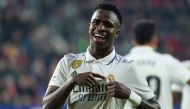 Real Madrid's Brazilian forward Vinicius Junior celebrates after scoring a goal that was later annuled during the Spanish League football match between CA Osasuna and Real Madrid CF at El Sadar stadium in Pamplona, on February 18, 2023. (Photo by CESAR MANSO / AFP)