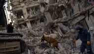 Members of the Uzbek search and rescue team use a dog as they look for a body under the rubble of a collapsed building in Hatay along the Mediterranean coast, southern Turkey on February 19, 2023. (Photo by Yasin Akgul / AFP)