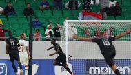 Michael Olunga celebrates after scoring Al Duhail's second goal during the AFC Champions League quarter-final match against Saudi Arabia’s Al Shabab at Al Thumama Stadium on Thursday. AFP