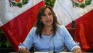 In this file photo taken on February 10, 2023, Peru’s President Dina Boluarte speaks during a press conference at the Presidential Palace in Lima.  (Photo by ERNESTO BENAVIDES / AFP)