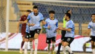 Al Wakrah players celebrate after scoring a goal against Al Markhiya, yesterday.