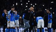 Napoli's Italian coach Luciano Spalletti (C) reacts at the end of the Italian Serie A football match between Napoli and Atalanta on March 11, 2023 at the Diego-Maradona stadium in Naples. (Photo by Filippo MONTEFORTE / AFP)