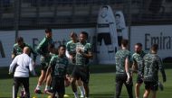 Real Madrid's players attend a training session on March 14, 2023, at the Ciudad Real Madrid training complex in Valdebebas, outskirts of Madrid, on the eve of the UEFA Champions League last 16 second leg football match between Real Madrid CF and Liverpool FC. (Photo by PIERRE-PHILIPPE MARCOU / AFP)