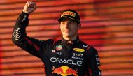 Red Bull Racing's Dutch driver Max Verstappen celebrates victory on the podium after the 2023 Formula One Australian Grand Prix at the Albert Park Circuit in Melbourne on April 2, 2023. Photo by Martin KEEP / AFP