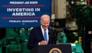 US President Joe Biden speaks during a visit to the Cummins Power Generation facility on April 3, 2023 in Fridley, Minnesota. (Photo by Stephen Maturen/Getty Images via AFP)