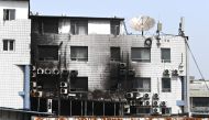 Fire damage is seen at the Changfeng Hospital in Beijing on April 19, 2023, after a fire broke out a day earlier. Photo by GREG BAKER / AFP