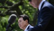 :South Korean President Yoon Suk Yeol speaks during a news conference with US President Joe Biden in the Rose Garden of the White House in Washington, DC, on April 26, 2023. (Photo by Brendan SMIALOWSKI / AFP)
