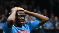 Napoli's Nigerian forward Victor Osimhen reacts during the Italian Serie A football match between Napoli and Salernitana on April 30, 2023 at the Diego-Maradona stadium in Naples. (Photo by Andreas SOLARO / AFP)
