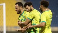 Al Wakrah’s Mohamed Benyettou (left) celebrates with teammates after scoring a goal against Al Rayyan.  