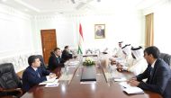 Prime Minister of the Republic of Tajikistan H E Kokhir Rasulzoda meeting with Minister of State for Foreign Affairs H E Sultan bin Saad Al Muraikhi in Dushanbe, yesterday.