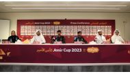 FROM LEFT: QFA Representative Maryam Nazih, Director Facilities Management at Ahmad Bin Ali Stadium Ahmed Al Qatami, Tournament Security Chief Major Mohammed Omar Al Shahwani, Head of the Traffic Unit Captain Nasser Khaled Al Hajri, QFA Head of Communications Ali Al Salat and Director of Transportation of the Facility Ali Hussein during a press conference on Tuesday.