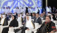 Prime Minister and Minister of Foreign Affairs H E Sheikh Mohammed bin Abdulrahman bin Jassim Al Thani (2nd right), Minister of Education and Higher Education H E Buthaina bint Ali Al Jabr Al Nuaimi (3rd right), Minister of Communications and Information Technology H E Mohammed bin Ali Al Mannai (4th right), DI’s Chair of the Board of Trustees Dr. Azmi Bishara (1st right) and other dignitaries at the graduation ceremony yesterday.