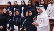 Minister of Sports and Youth H E Salah bin Ghanem Al Ali speaks during the second edition of the 'Simulation of the Shura Council Sessions' as Deputy Speaker of the Shura Council H E Dr. Hamda bint Hassan Al Sulaiti and others look on.