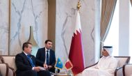 Prime Minister and Minister of Foreign Affairs H E Sheikh Mohammed bin Abdulrahman bin Jassim Al Thani meeting Prime Minister of Kazakhstan H E Alikhan Smailov  and Prime Minister of Bangladesh H E Sheikh Hasina Wazed (below) on the sidelines of Qatar Economic Forum yesterday. 
