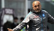 Napoli's Italian coach Luciano Spalletti reacts during the Italian Serie A football match between Bologna and Napoli on May 28, 2023 at the Renato-Dall'Ara stadium in Bologna. (Photo by Vincenzo PINTO / AFP)
