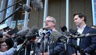 Journalists Chris Masters (L) and Nick McKenzie (R) talk to the media outside the Federal Court of Australia in Sydney on June 1, 2023. (Photo by SAEED KHAN / AFP)