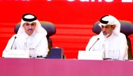 The newly elected Qatar Football Association (QFA) President Jassim bin Rashid Al Buenain (left) and QFA Honorary President Sheikh Hamad bin Khalifa bin Ahmed Al Thani during the QFA General Assembly, yesterday. 
