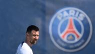 Paris Saint-Germain's Argentinian forward Lionel Messi reacts during a training session at club's training ground in Saint-Germain-en-Laye, west of Paris on June 1, 2023, two days prior to the L1 football match against Clermont. (Photo by Franck Fife / AFP)