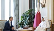 Prime Minister and Minister of Foreign Affairs H E Sheikh Mohammed bin Abdulrahman bin Jassim Al Thani during his meeting with President of the France-Qatar Friendship Group in the French National Assembly H E MP Christophe Naegelen.