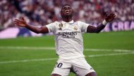 Real Madrid's Brazilian forward Vinicius Junior reacts during the Spanish league football match between Real Madrid CF and Athletic Club Bilbao at the Santiago Bernabeu stadium in Madrid on June 4, 2023. (Photo by Pierre-Philippe Marcou / AFP)