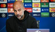 Manchester City's Spanish manager Pep Guardiola speaks during a press conference at Manchester City training ground in Manchester, north-west England on June 6, 2023, ahead of their UEFA Champions League final football match against Inter Milan. (Photo by Paul ELLIS / AFP)