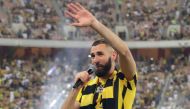 French forward Karim BENZEMA greets the crowd during his unveiling at King Abdullah Sports City stadium in Jeddah, on June 8, 2023. (Photo by AFP)