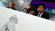 English midfielder Jude Bellingham (R) gives a press conference with Real Madrid Director of Football Emilio Butragueno, during his presentation as new player of Real Madrid, in Madrid on June 15, 2023. (Photo by JAVIER SORIANO / AFP)