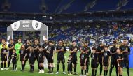 Brazil's players line up for national anthems before the start of the international friendly football match between Brazil and Guinea at the RCDE Stadium in Cornella de Llobregat near Barcelona on June 17, 2023. (Photo by Pau BARRENA / AFP)
