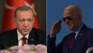 Turkish President Recep Tayyip Erdogan (left) at a joint press conference with Ukrainian counterpart at the Vahdettin Mansion in Istanbul on July 7, 2023. US President Joe Biden boards Air Force One at Joint Base Andrews in Maryland on July 7, 2023. (Photos by AFP)