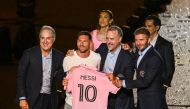 Argentine soccer star Lionel Messi (2nd L) is presented by (from R) owners of Inter Miami CF David Beckham, Jose R. Mas and Jorge Mas as the newest player for Major League Soccer's Inter Miami CF, at DRV PNK Stadium in Fort Lauderdale, Florida, on July 16, 2023. (Photo by GIORGIO VIERA / AFP)

