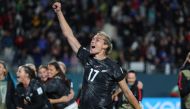 New Zealand's forward #17 Hannah Wilkinson celebrates after her team won the Australia and New Zealand 2023 Women's World Cup Group A football match between New Zealand and Norway at Eden Park in Auckland on July 20, 2023. (Photo by Marty Melville / AFP)
