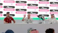 Al Sadd's coach Bruno Miguel (centre) speaks during a press conference yesterday. Al Sadd's striker Baghdad Bounedjah (left) is also present.  
