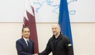 Prime Minister and Minister of Foreign Affairs H E Sheikh Mohammed bin Abdulrahman bin Jassim Al Thani with Prime Minister of Ukraine H E Denys Shmyhal