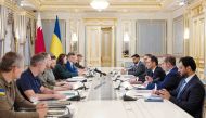 President of Ukraine H E Volodymyr Zelenskyy during a meeting with Prime Minister and Minister of Foreign Affairs H E Sheikh Mohammed bin Abdulrahman bin Jassim Al Thani at the presidential palace in Kyiv yesterday