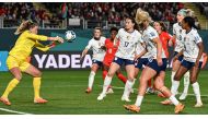 USA's goalkeeper #01 Alyssa Naeher (L) makes a save during the Australia and New Zealand 2023 Women's World Cup Group E football match between Portugal and the United States at Eden Park in Auckland on August 1, 2023. (Photo by Saeed Khan / AFP)