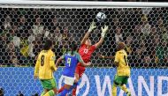 Jamaica's goalkeeper #13 Rebecca Spencer makes a save in front of Jamaica's midfielder #08 Drew Spence (L), Brazil's forward #09 Debinha and Jamaica's defender #14 Deneisha Blackwood during the Australia and New Zealand 2023 Women's World Cup Group F football match between Jamaica and Brazil at Melbourne Rectangular Stadium, also known as AAMI Park, in Melbourne on August 2, 2023. Photo by WILLIAM WEST / AFP